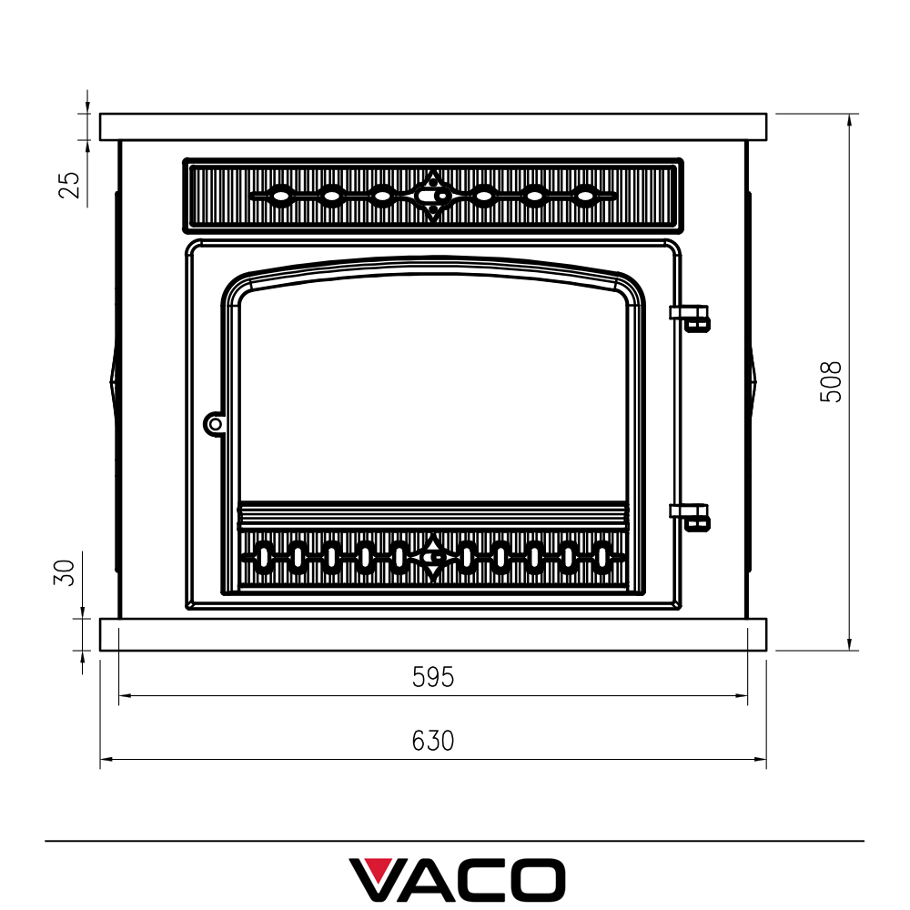 Piec żeliwny VACO 10 kW – rysunek techniczny z wymiarami frontu