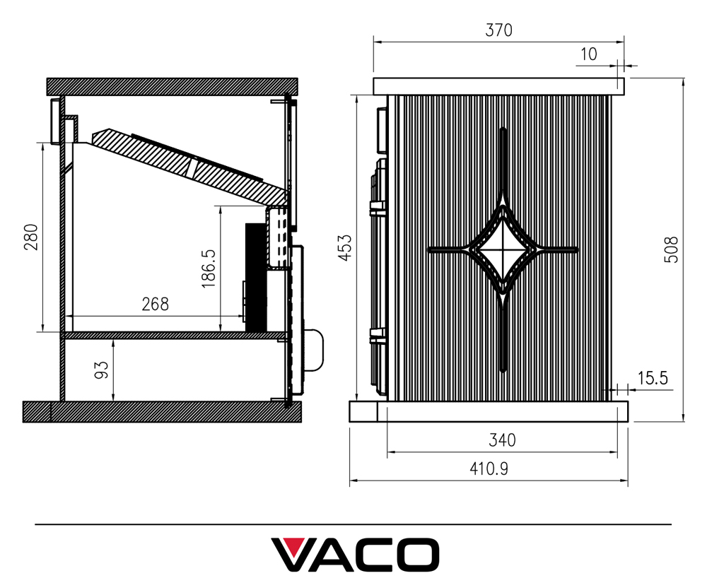 Piec żeliwny VACO 10 kW – rysunki techniczne wymiarów bocznych i górnych