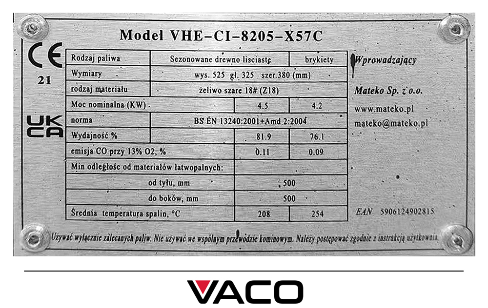 Piec żeliwny VACO 4,5 kW – tabliczka znamionowa