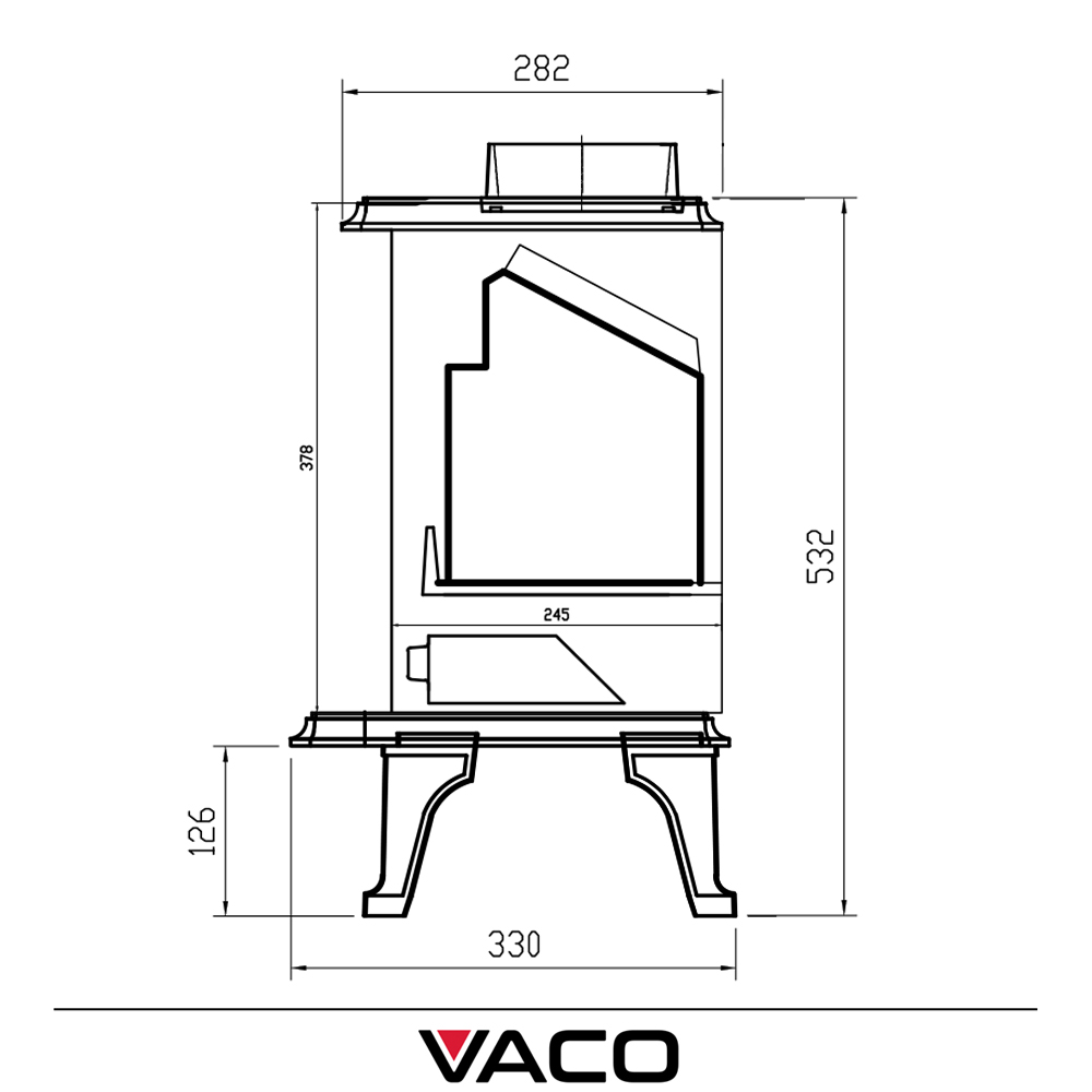 Piec żeliwny VACO 4,5 kW – wymiary boczne