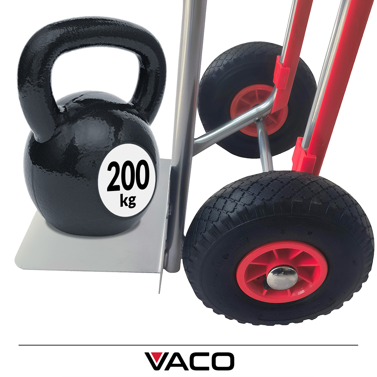 Wózek transportowy VACO 200 kg – pompowane koła o średnicy 26 cm i udźwig 200 kg